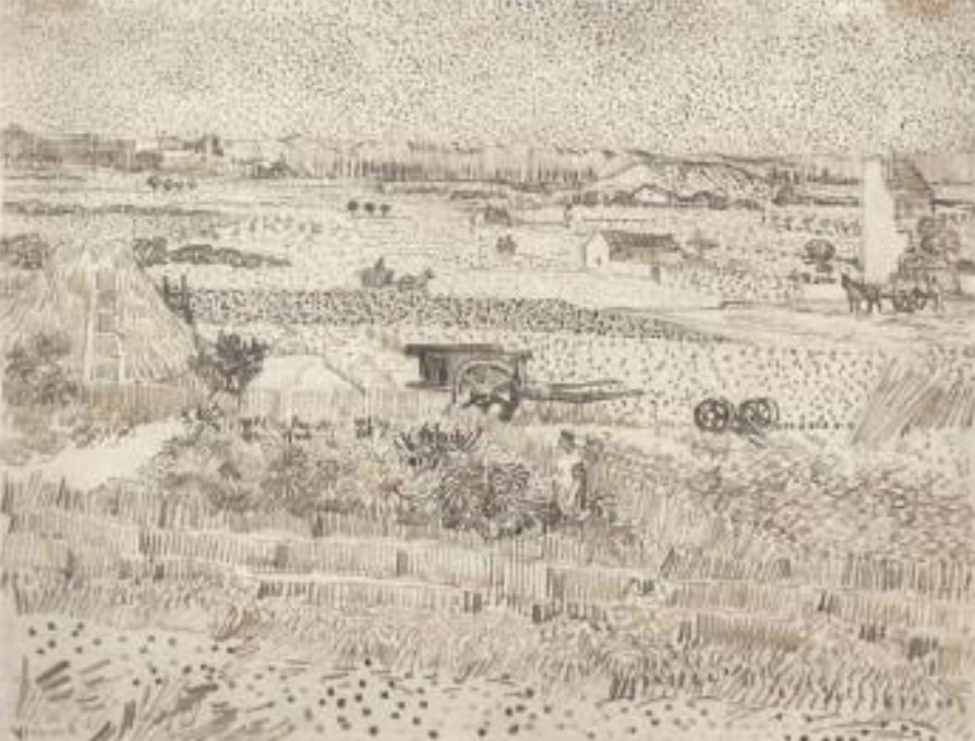 Skizze einer ländlichen Feldlandschaft mit Heuhaufen, Wagen, Feldern und entfernten Häusern